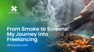 Close-up shot of grilled meat sizzling over open flames, with smoke rising as a person turns the meat with tongs, symbolizing the transition from BBQ chef to digital freelancer.