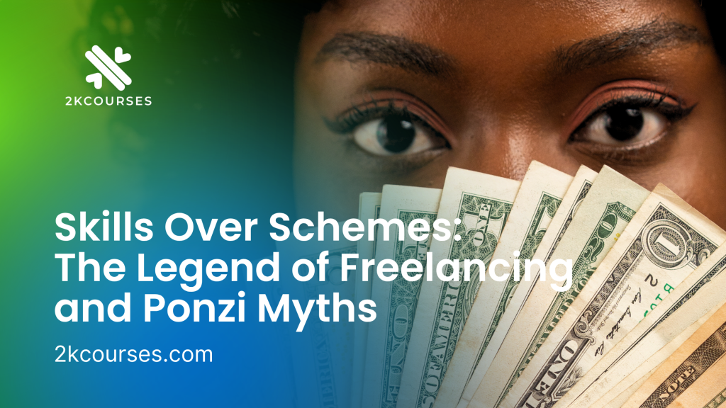 Close-up of a woman holding dollar bills over her face, symbolizing income from freelancing versus Ponzi schemes.