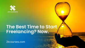 A silhouette of a hand holding an hourglass in front of a golden sunset, symbolizing the urgency and perfect timing to begin freelancing.