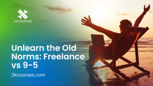 A freelancer with a laptop raises their arms in joy while working from a beachside lounge chair during sunset.