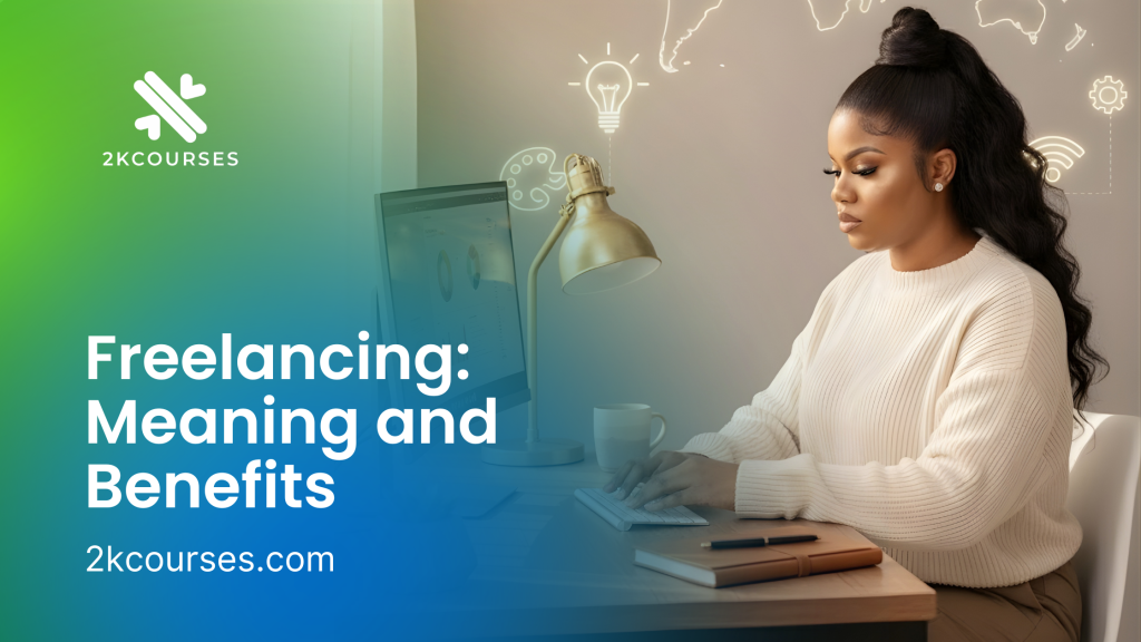 A young African woman working remotely on her laptop at home, representing the freedom, creativity, and opportunities of freelancing worldwide through 2K Courses.